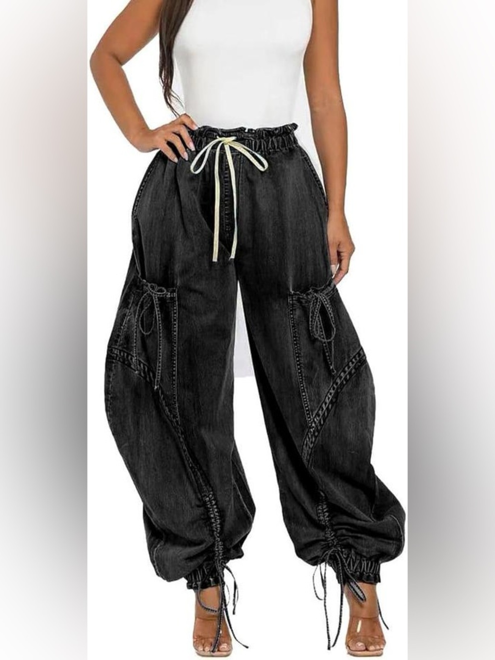 Voghtic Women’s Baggy Y2K Drawstring Denim Cargo Harem Pants - Black - L